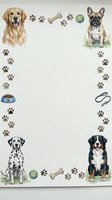 Dog breeds frame border with paw prints, bones, toys and pet accessories on neutral background for veterinary, pet care and animal lover designs.