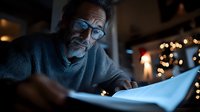 Mature bearded Caucasian man in glasses and sweater reading book in dim evening light with bokeh lights in background, creating cozy atmosphere for relaxation.