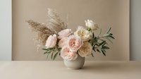 Elegant floral arrangement with blush roses, white peonies, pampas grass, and greenery in a ceramic vase on a neutral background.