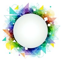 Abstract colorful geometric background with white circle frame for text and design elements. Modern digital art composition with vibrant shapes and patterns.