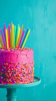 Vibrant pink birthday cake covered in colorful sprinkles and rainbow candles on a teal cake stand against a blue background.