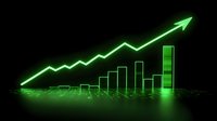 Glowing green financial chart showing upward trend with bar graph and arrow on dark background, business growth concept visualization.