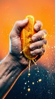 Close-up of male hand squeezing fresh orange half with juice splashing against vibrant orange gradient background. Citrus fruit freshness and healthy beverage concept for food and wellness marketing.