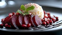 Sliced poached pears in red wine sauce garnished with fresh mint, pomegranate seeds and vanilla ice cream on dark plate with chocolate drizzle. Elegant dessert.
