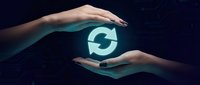 Hands protecting glowing refresh symbol representing renewal, sustainability and circular economy concepts for business presentations and marketing materials.
