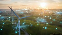 Aerial view of wind turbines and solar panels in rural landscape with digital network overlay representing renewable energy infrastructure and smart grid technology.