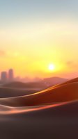 Dramatic desert landscape at sunset with sand dunes in foreground and distant city silhouette against golden sky, creating atmospheric mood for travel designs.