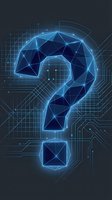 Glowing blue polygonal question mark on dark circuit board background, symbolizing technology, AI uncertainty, and digital innovation.