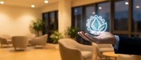 Young professional male hand holding glowing water droplet hologram in modern office lounge with plants and warm lighting, representing sustainability and eco-friendly business solutions.