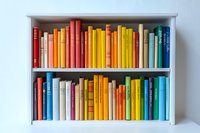 Colorful books arranged by spectrum colors on white wooden shelves against white wall, creating rainbow effect in home library or bookstore setting.