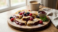 Delicious homemade crepes filled with berry jam and topped with fresh raspberries and blackberries served on wooden plate with coffee cup for breakfast.