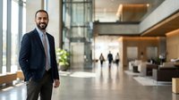 Confident male professional with dark beard wearing navy blazer and tie standing in modern corporate lobby with blurred colleagues and contemporary architecture in background.