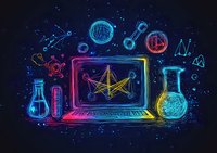 Glowing neon chemistry and technology concept with laptop screen showing molecular structure, laboratory flasks, and scientific formulas on dark background.