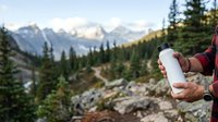 Hiker holding map while standing in alpine mountain landscape with evergreen forest and snow-capped peaks, planning route during outdoor adventure.