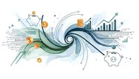 Dynamic financial growth concept with swirling waves, charts, coins and piggy banks representing money flow and investment success on white background.