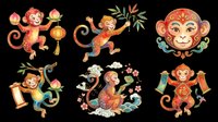 Festive Chinese zodiac monkey set with lanterns, peaches, and scrolls, isolated on transparent background. Great for lunar new year clipart, stickers, and t-shirt design.
