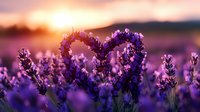 Heart shape made from purple lavender flowers in blooming field during sunset, romantic atmosphere with soft bokeh and golden light creates dreamy mood.