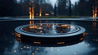 Illuminated circular platform with glowing lights and intricate geometric patterns creates dramatic atmosphere against dark reflective surface in evening setting.