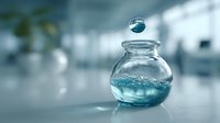 Floating water droplet suspended above glass flask containing blue liquid in modern laboratory setting with blurred background.