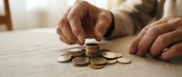Mature man stacking coins on wooden table, representing financial planning, savings growth, and wealth management for business and investment concepts.