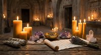 Mystical altar setup with burning candles, amethyst crystals, sage bundles and ancient scroll in atmospheric stone chamber for spiritual rituals.
