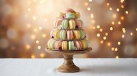 Colorful French macarons arranged on elegant wooden cake stand with warm golden bokeh lights creating festive atmosphere for celebrations and special occasions.