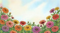 Watercolor zinnia garden border with colorful blooms in pink, orange, yellow, and purple against a soft sky background.
