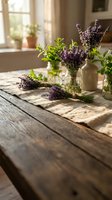 Fresh lavender bouquets in glass jars on rustic wooden table with natural sunlight streaming through window creating warm cozy farmhouse kitchen atmosphere.