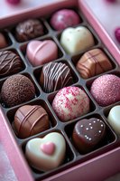 Assorted luxury chocolate pralines and truffles in pink gift box. Heart-shaped bonbons, dark and white chocolate with pink sprinkles and decorative patterns create romantic mood.