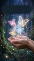 Hand releasing glowing neon butterflies with magical light particles in enchanted forest setting. Spiritual healing, transformation, and wonder concept for wellness and inspirational designs.