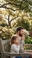 Father and daughter praying together on park bench during golden hour sunset with blooming trees creating peaceful family moment for faith and spirituality concepts.