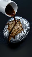 Dark liquid pours from white cup onto metallic brain model against black background, symbolizing mental health, addiction, substance abuse, cognitive decline, and neurological impact for medical and educational use.
