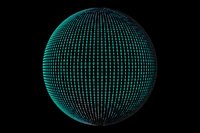 Digital sphere made of glowing turquoise dots and lines forming a grid pattern on black background, representing global technology and data visualization.