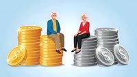 Senior couple sitting on stacks of gold and silver coins representing retirement savings and financial planning for elderly people.