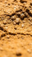 Close-up macro view of dry brown soil with small rocks and pebbles scattered across rough textured earth surface for agriculture and gardening concepts.