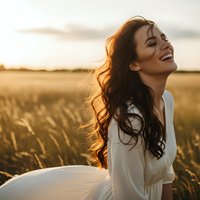 Happy young woman with flowing hair laughing joyfully in golden wheat field at sunset wearing white dress expressing freedom and pure happiness.