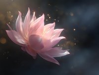 Pink lotus flower with delicate petals glowing against dark background, surrounded by magical golden bokeh particles and soft ethereal light.