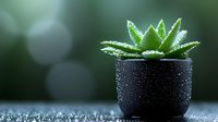 Fresh green succulent plant in black ceramic pot with water drops against blurred natural background, minimalist composition for home decor and wellness concept.