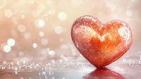 Red heart on glittery surface with soft bokeh lights in background creating romantic atmosphere. Metallic shine and water drops add magical sparkle effect.