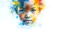 Young African child portrait with vibrant watercolor splashes in blue, yellow and orange tones creating artistic effect against white background. For wall art and prints.