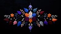 Symmetrical floral arrangement with vibrant blue, purple, and orange flowers on black background, featuring delicate leaves in gradient colors. Decorative folk art style.