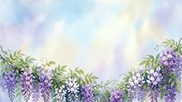 Watercolor wisteria flowers in purple and white with green leaves against a soft pastel sky background, copy space for text.
