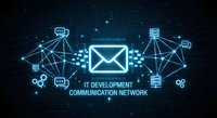 Digital communication network with email icon and connected technology elements on dark circuit board background for business presentations.