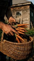 Senior farmer hands holding fresh organic carrots in wicker basket at rustic homestead during golden hour harvest time for healthy farm to table cooking.