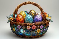 Decorative woven basket filled with colorful mosaic Easter eggs featuring stained glass patterns and floral designs, set against neutral background. Seasonal holiday decor.