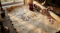 Vintage parchment scroll with elegant calligraphy love lettering, dried roses, and ribbon on rustic wooden table in warm light.