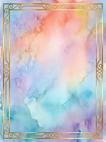 Soft watercolor gradient background with pastel pink, blue, yellow, and purple hues flowing into each other, framed by ornate gold decorative border. Perfect for invitations and design projects.
