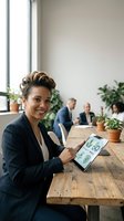 Young woman with dark skin and styled upswept hair wearing navy blazer holds tablet displaying plant sketches at wooden table in bright office with colleagues and potted plants.