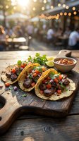 Grilled beef tacos with fresh cilantro, diced tomatoes, and lime served on wooden board at outdoor restaurant patio with string lights and blurred diners in background.
