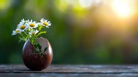 Fresh white daisies arranged in cracked brown eggshell vase on rustic wooden surface against blurred green garden background with golden sunlight.